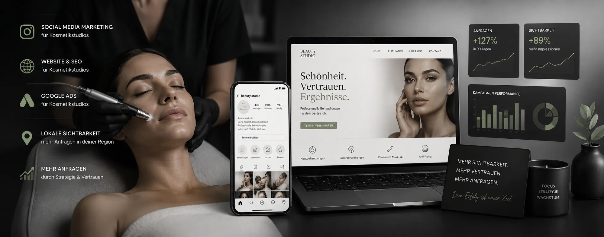 Minimalistisches Beauty Marketing Bild mit Laptop, Smartphone und Kosmetik Produkten für Online Marketing für Kosmetikstudios
